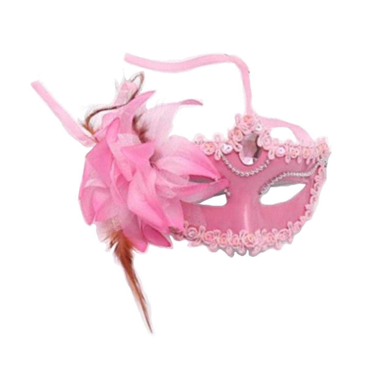 Masquerade Diamond Venetian Mask with Feather – Pink
