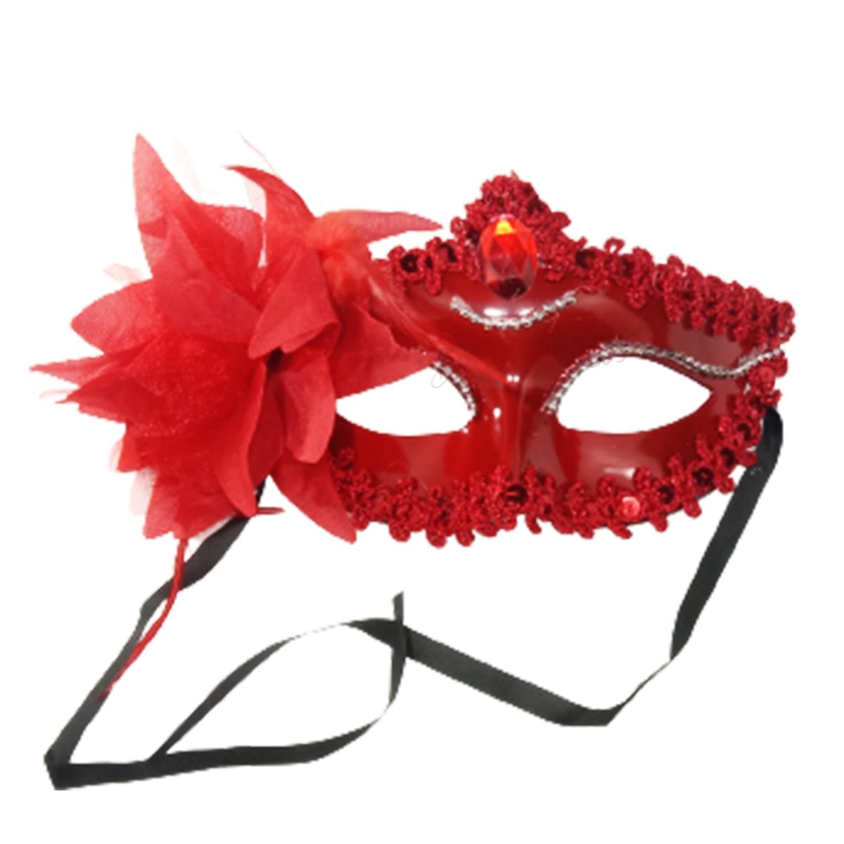 Masquerade Diamond Venetian Mask with Feather – Red