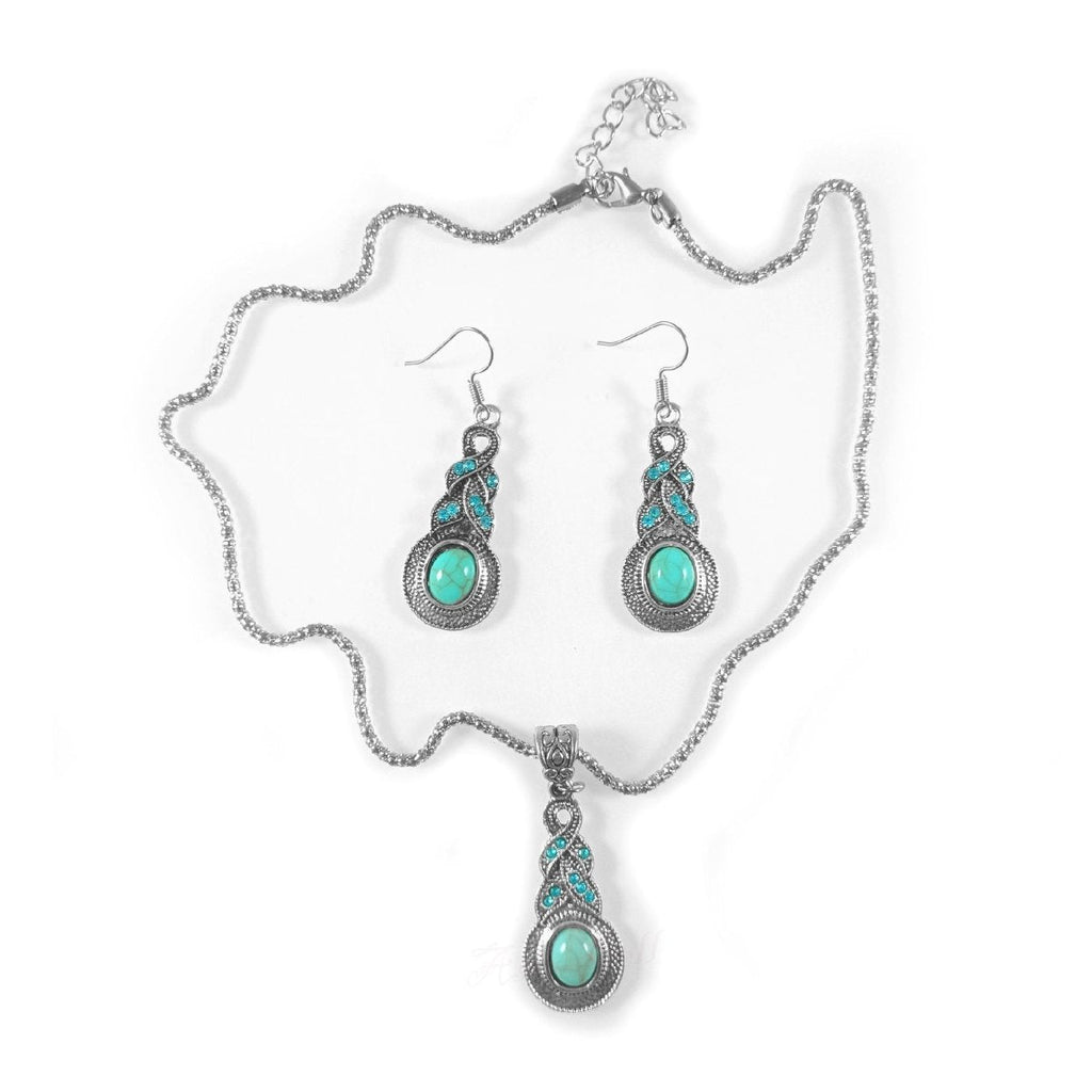 Retro Blue Rhinestone 3-Piece Necklace and Earring Set