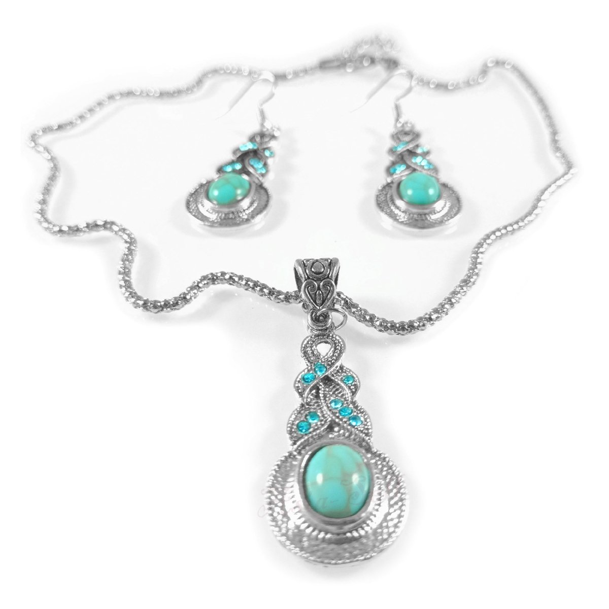 Retro Blue Rhinestone 3-Piece Necklace and Earring Set