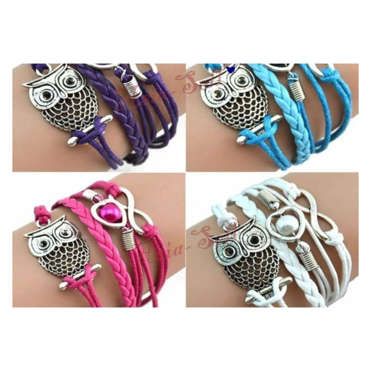 Owl Bracelet Bangle Charms Heart Love Pearl Armband Infinity 16cm – White, Blue, Purple, Pink