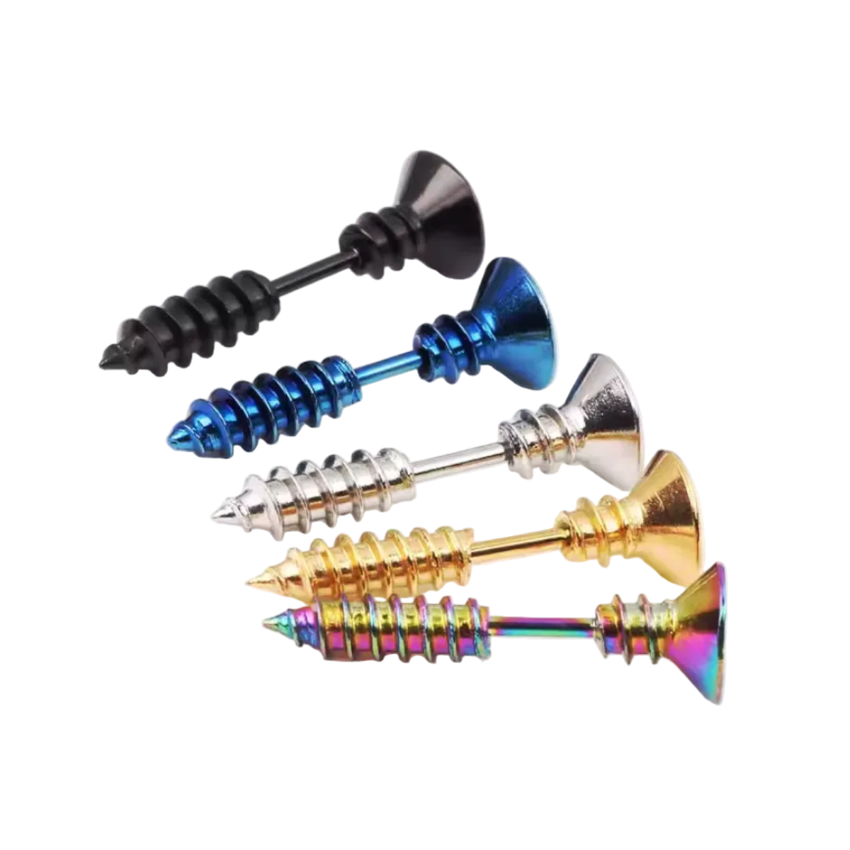 Punk Stainless Steel Stud Screw Earrings – Colour Changing – Five decorative metal earrings with cone-shaped heads are arranged diagonally on a white background. The finishes shown are black, metallic blue, silver, gold, and a rainbow iridescent