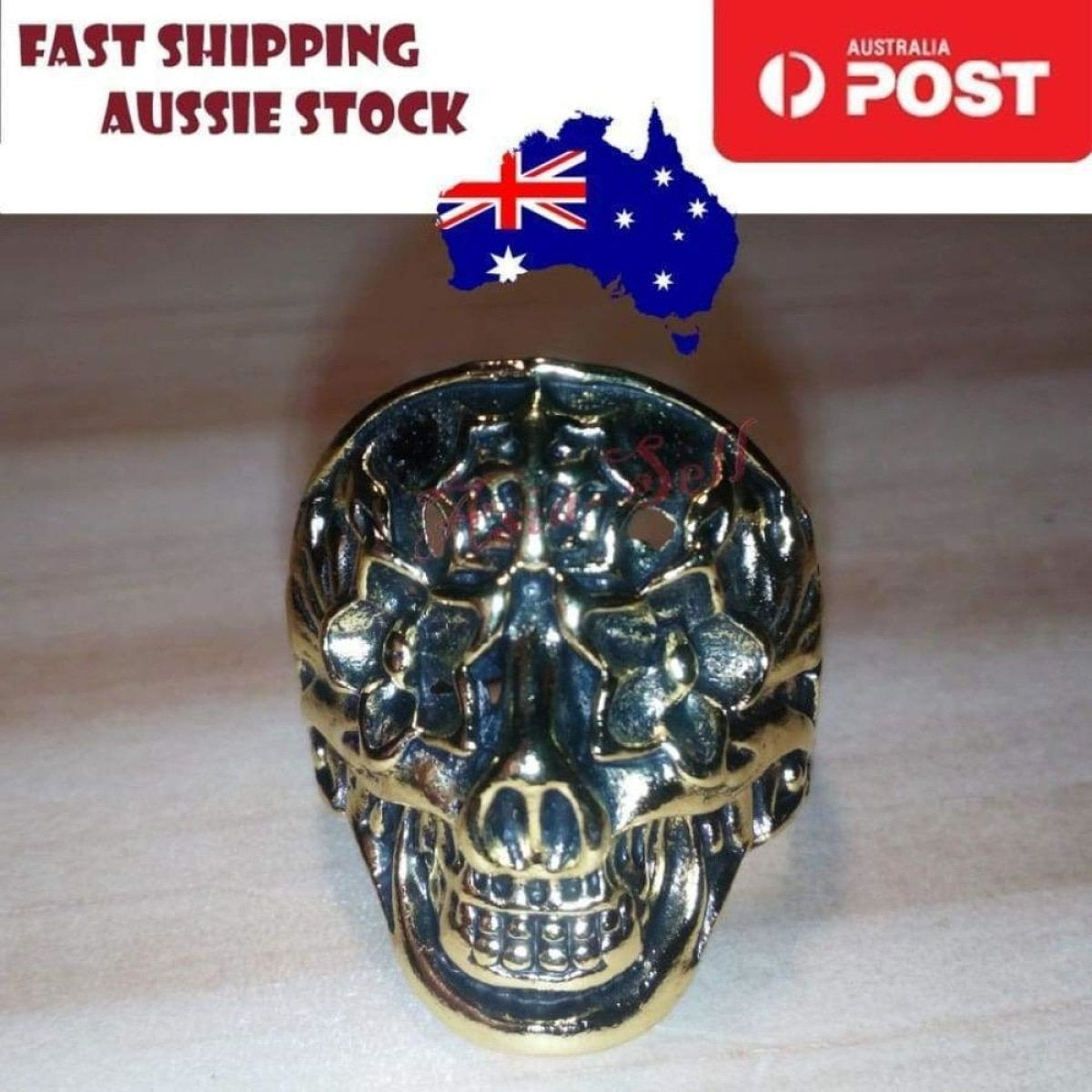 Skull Ring Silver Black Sizes 6-11 – Gold Size 10 (code AS)