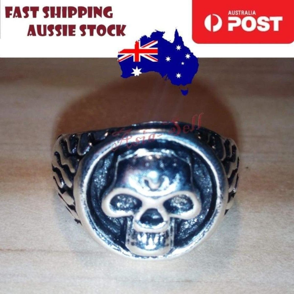 Skull Ring Silver Black Sizes 6-11 – Silver Size 9 (code B)
