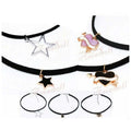 Velvet Neck Choker with Black Love Heart & Star Charms 2 – 12mm Star Solid Black, 33mm Star Non-Solid Silver, 24mm Love Heart Black