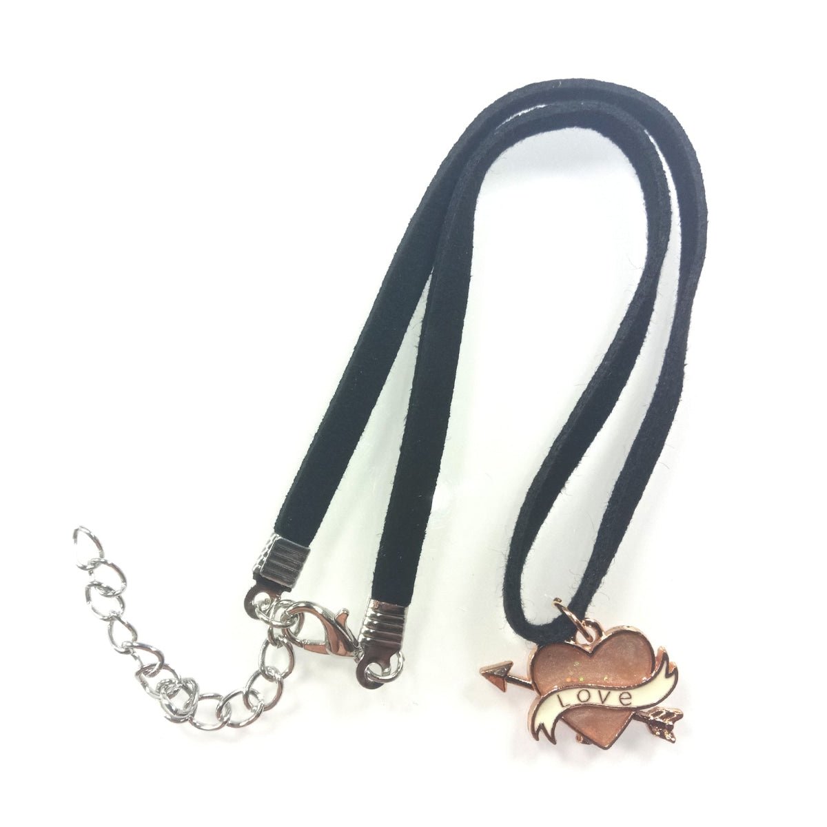 Velvet Neck Choker with Black Love Heart & Star Charms 2 – 24mm Love Heart Pink
