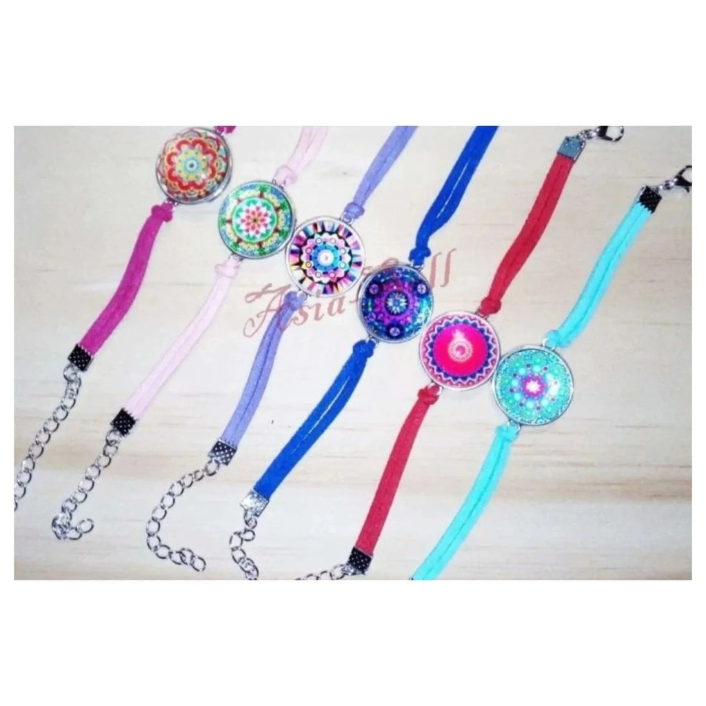 Glass Cabochon Mandala Flower Wristband Charm Cuff
